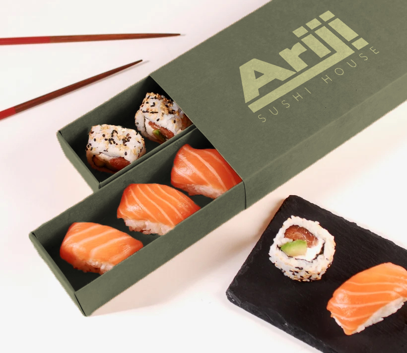 Sushi Box with Ariji Branding on it
