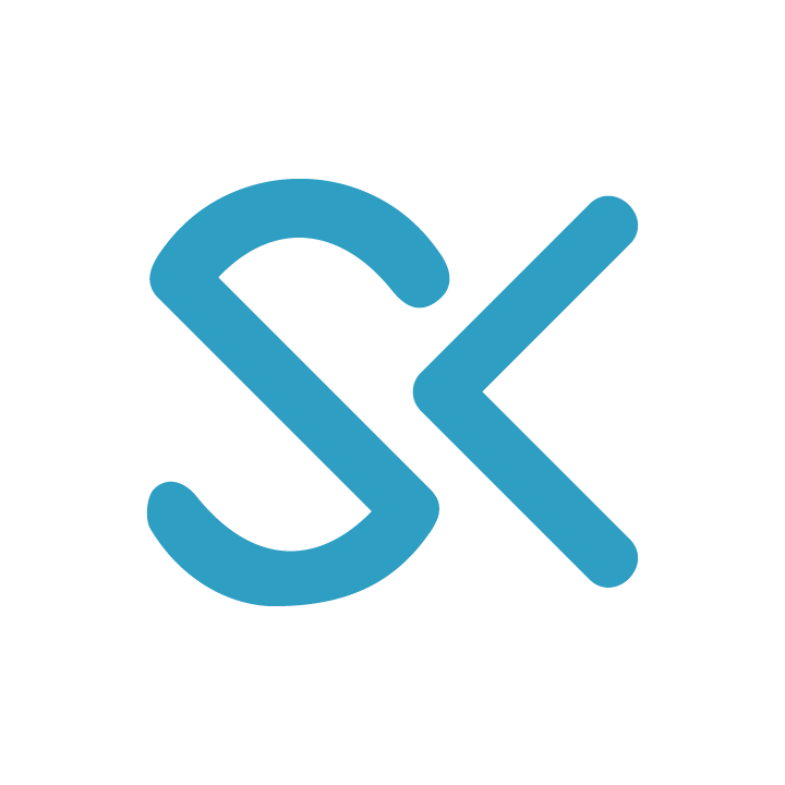 Sean Kelley Logo, a blue technological looking logo that spells out SK